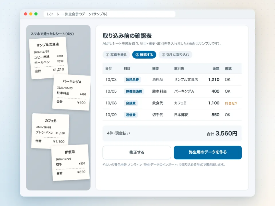 レシートを読み取り、弥生会計に取り込むデータにする確認画面